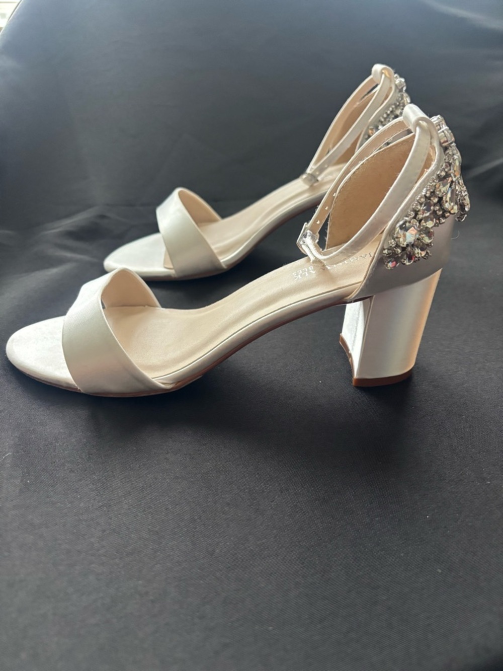 Benjamin Walk Olivia Dyeables/White Satin Block Sandals w/Jewels, Size 8